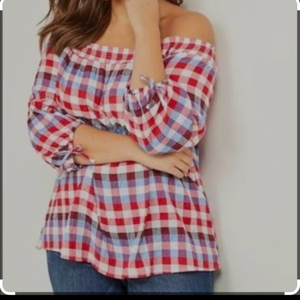 Lane Bryant Red & Blue Patriotic Checkered Top 3/4 Sleeve Size 14/16
